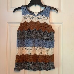 A.N.A. Crochet Tank Top Sleeveless Striped Brown‎ Blue White Large Boho Cottage